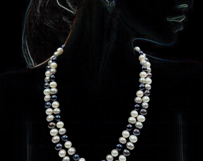 Multi - Colored 2 strands Genuine Freshwater Pearl 8.5-9.5 mm Pearl  Necklace 18-20 Inches Pearl Necklace wedding jewelry, DuskGrand