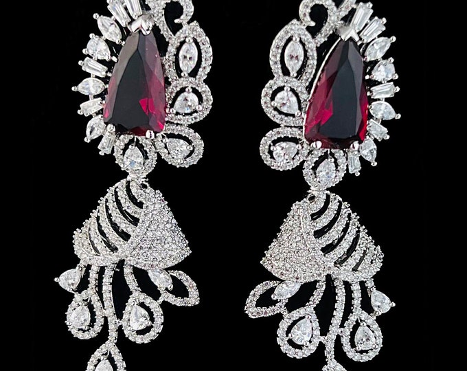 Silver Ruby Cz Diamond Chandelier Earrings, Indian Jewelry, Designer Earrings, Statement Jewelry, Pakistani earrings , Indian earrings|