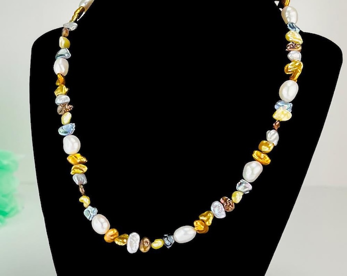 Multicolored Keshi Pearl Necklace, Cultured  Freshwater Pearl Necklace, Cornflake Pearl Necklace, Free Form Pearl - DuskGrand