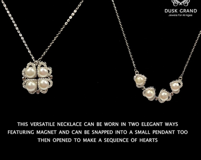 Convertible CZ Pearl Pendant Necklace: Magnetic Heart & Clover Design - DUSKGRAND