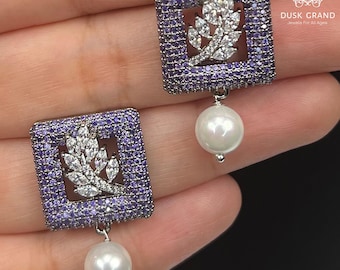 Oxidized Square Earrings: Purple CZ, Pearl Drop, Leaf Design - DUSKGRAND