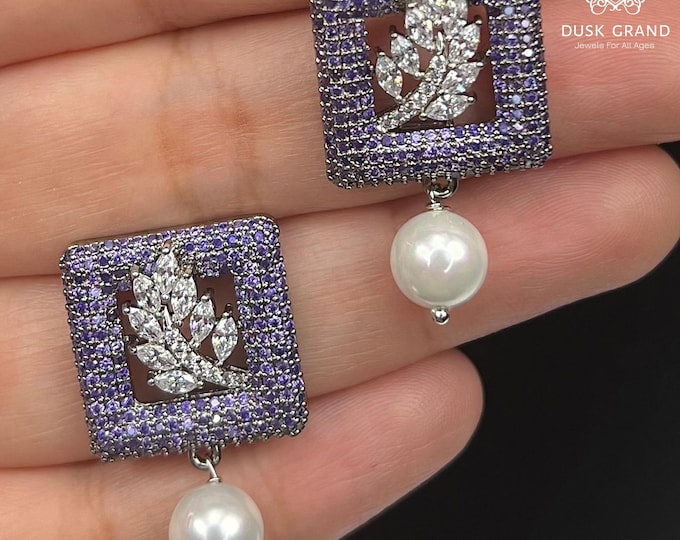 Oxidized Square Earrings: Purple CZ, Pearl Drop, Leaf Design - DUSKGRAND