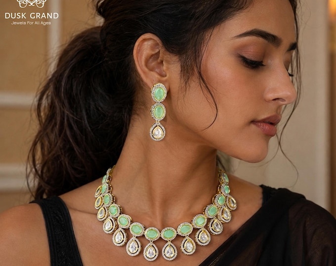 Exquisite Kundan Mint Green Stone Necklace & Earrings Set - Gold Tone Jewelry | DuskGrand