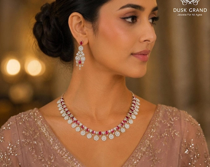 Pink CZ Diamond Choker Necklace Earrings Set: Victorian Bridal Jewelry - DUSKGRAND