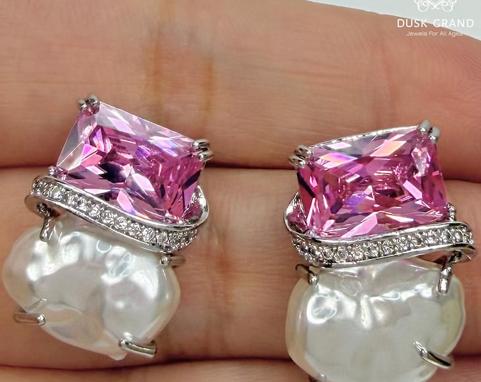 Light Pink Crystal Baroque Pearl Earrings: Silver Tone CZ Statement - DUSKGRAND