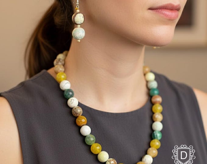 Agate Beaded Necklace and Earring Set: Multicolor Natural Stone Jewelry - DUSKGRAND
