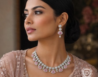 Pink Stone Choker Necklace Earrings Set: CZ Diamond Indian Jewelry - DUSKGRAND