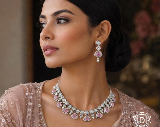 Pink Stone Choker Necklace Earrings Set: CZ Diamond Indian Jewelry - DUSKGRAND