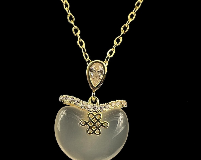 Gold Jade Pendant Necklace: CZ Teardrop & Lucky Knot Charm - DUSKGRAND