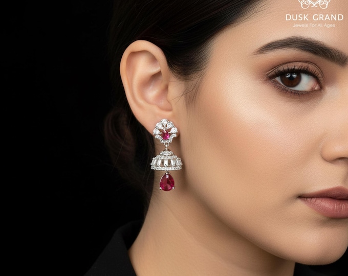 CZ Jhumka Earrings: Reddish Pink Indian Pakistani Wedding Jewelry - DUSKGRAND