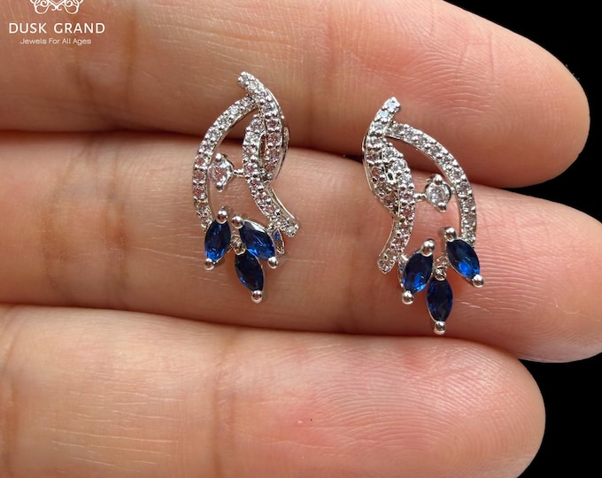 Simulant Sapphire Blue Stone Stud Earrings | Silver Tone CZ Leaf Design Earrings | Elegant Crystal Studs | Gift for Her - DUSKGRAND