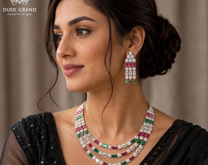 Cubic Zirconia Necklace and Earrings Set: Multicolor Indian Jewelry - DUSKGRAND
