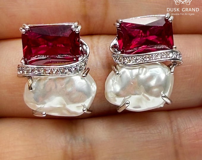 Reddish Pink Crystal Baroque Pearl Earrings: Elegant Silver Tone Drops - DUSKGRAND