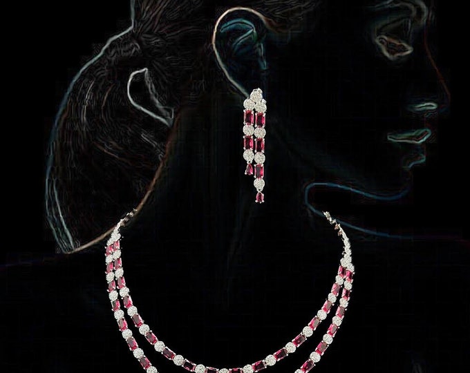 Red Cubic Zirconia Necklace Earrings Set: Silver Victorian Indian Jewelry - DUSKGRAND