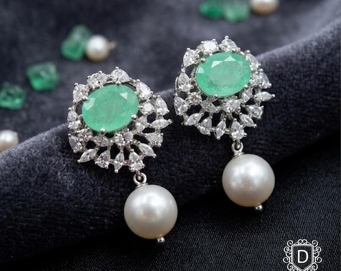 Silver Tone CZ Earrings: Mint Green CZ, Pearl Drop - DUSKGRAND