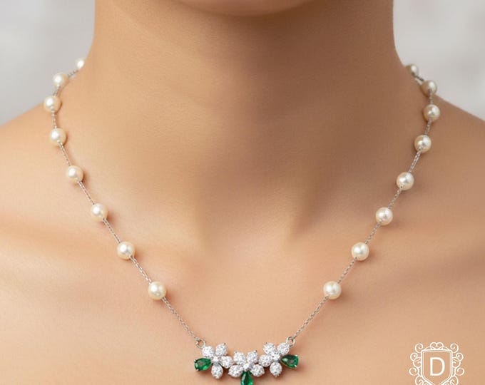 Swarovski Pearl Necklace: Green CZ Stone Flowers, Adjustable Chain