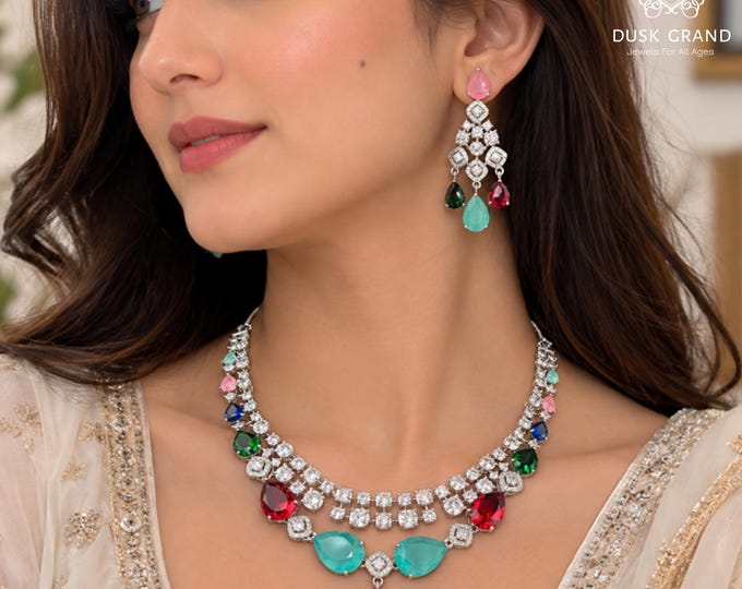 Cubic Zirconia Necklace Earrings Set: Multicolor Indian Jewelry - DUSKGRAND