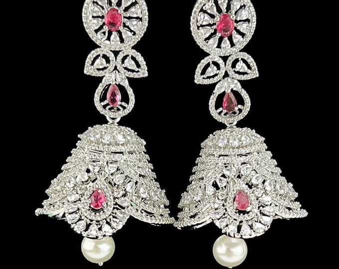 Silver CZ Jhumka Earrings: Pink Stone, Pearl Drop, Indian Jewelry - DUSKGRAND
