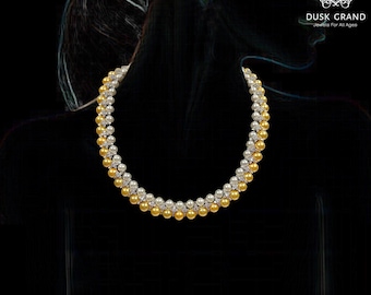 Two-Tone Swarovski Pearl Necklace: Gold & Silver Crystal Accents - DUSKGRAND