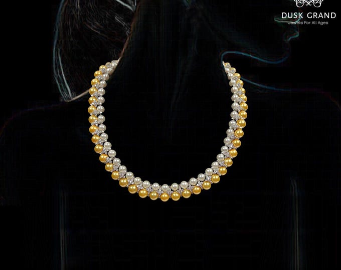 Two-Tone Swarovski Pearl Necklace: Gold & Silver Crystal Accents - DUSKGRAND
