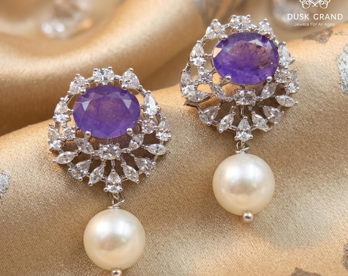 Silver Tone CZ Earrings: Purple CZ, Pearl Drop - DUSKGRAND