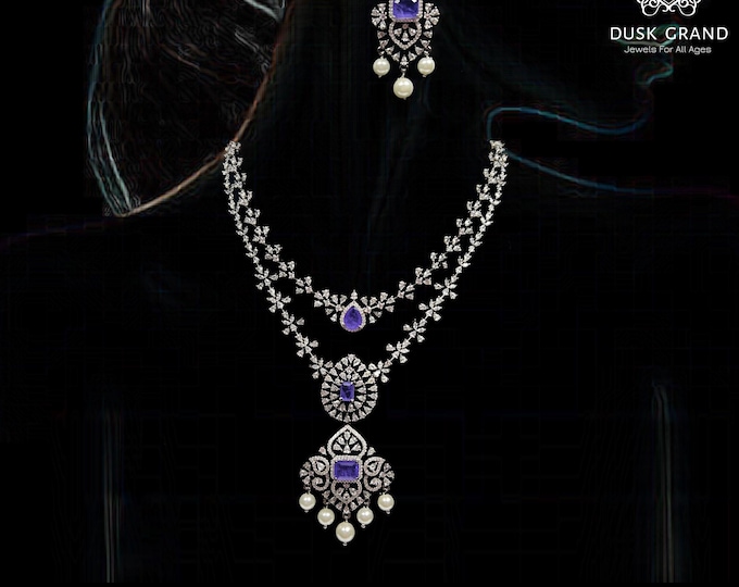 Oxidized Necklace & Earrings Set: Purple Stone CZ Bridal Jewelry - DUSKGRAND