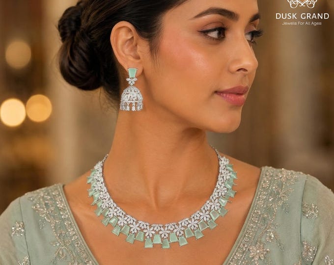 Mint Green CZ Diamond Necklace Earrings Set: Silver Choker, Indian Jewelry - DUSKGRAND