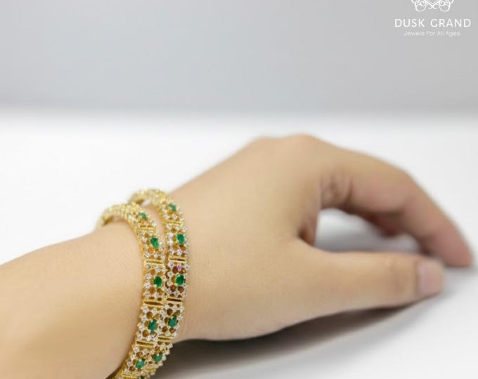 Green CZ Gold Tone Bangles | Bridal Jewelry, Set of 2