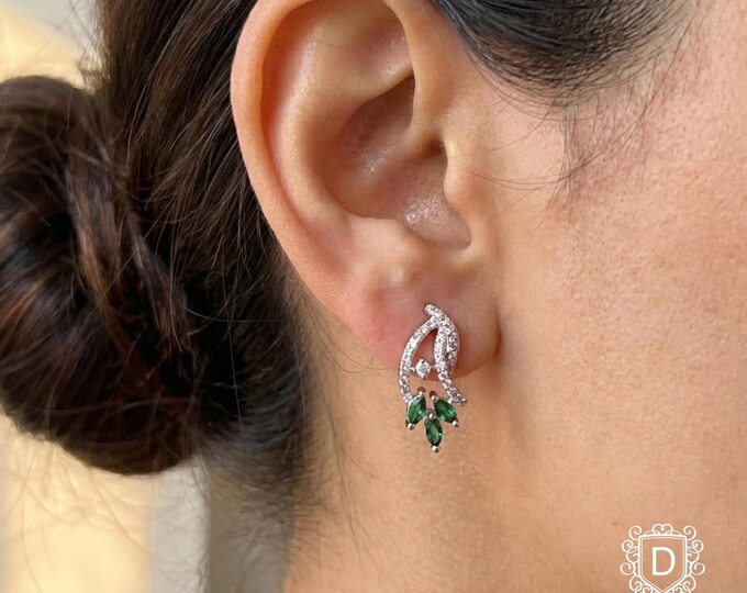 Emerald Green CZ Leaf Earrings | Silver Tone Studs