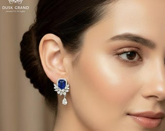 Sapphire Blue CZ Drop Earrings: Silver Tone Crystal Dangle Earrings - DUSKGRAND