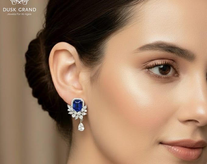 Sapphire Blue CZ Drop Earrings: Silver Tone Crystal Dangle Earrings - DUSKGRAND