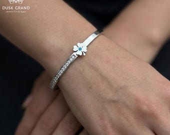 Silver Clover Evil Eye Bangle Bracelet, Anti Tarnish Four Leaf Clover Cuff, Pave Crystal Good Luck Bracelet, Protection Jewelry Gift for Her