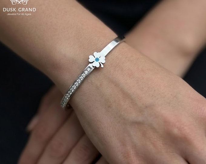 Silver Clover Evil Eye Bangle Bracelet, Anti Tarnish Four Leaf Clover Cuff, Pave Crystal Good Luck Bracelet, Protection Jewelry Gift for Her