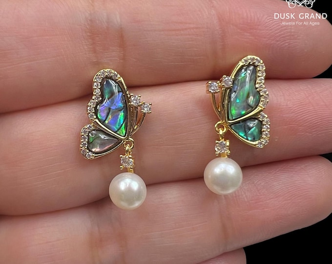 Gold Tone Butterfly Earrings: Pearlescent Wings with Pearl Drop - DUSKGRAND