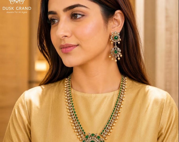 Swarovski Pearl Kundan Necklace: Gold Plated Indian Bridal Jewelry - DUSKGRAND
