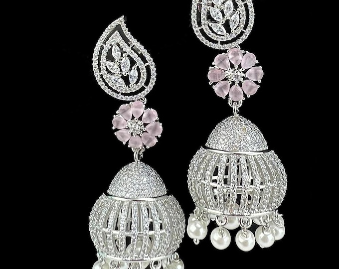 Silver CZ Jhumka Earrings: Pink Stone, Pearl Drop Indian Jewelry - DUSKGRAND