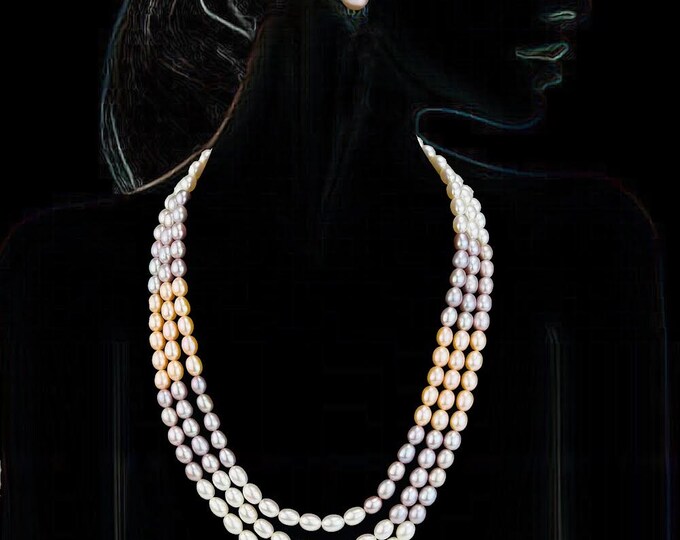 Multicolor Freshwater Pearl Necklace & Earrings Set - 3-Strand Graduated Design - DUSKGRAND
