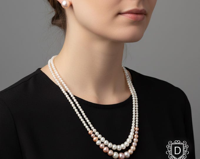 Double Strand Graduated Pearl Necklace with Multicolored Pearls and Stud Earrings - DUSKGRAND