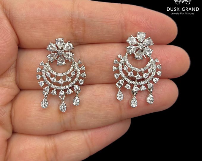 Cubic Zirconia Silver Floral Earrings + gift, bridesmaids gift - DuskGrand