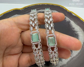 Elegant Mint Green  CZ White Stone Bangles | Silver Tone Bangles 2- 8 Size | Bridal Jewelry | Sparkling Statement Gift for Her - DUSKGRAND