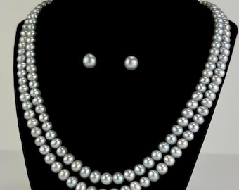 Genuine Grey Cultured Freshwater Pearl Necklace 2 Strands + Earrings 18- 19” inch High  Quality - DuskGrand