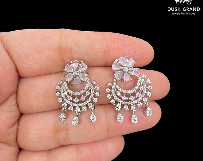 Pink Cubic Zirconia Silver Floral Earrings + gift, bridesmaids gift - DuskGrand