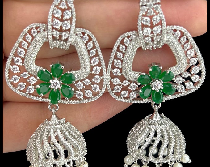 Silver Green CZ Jhumkas/  CZ Jhumka/ Indian Jewelry/ Pakistani Jewelry/ Indian Wedding Earrings