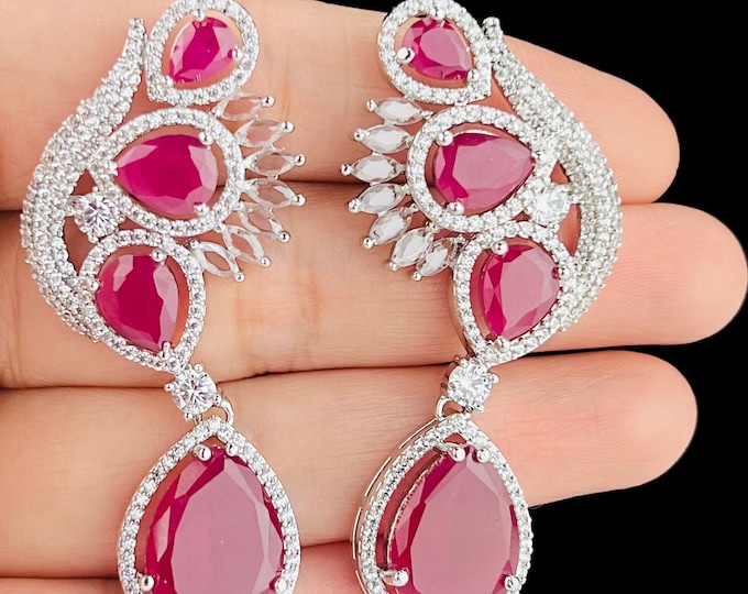 Silver Ruby Cz Diamond Earrings, Indian Jewelry, Designer Earrings, Statement Jewelry, Pakistani earrings , Indian earrings| DuskGrand