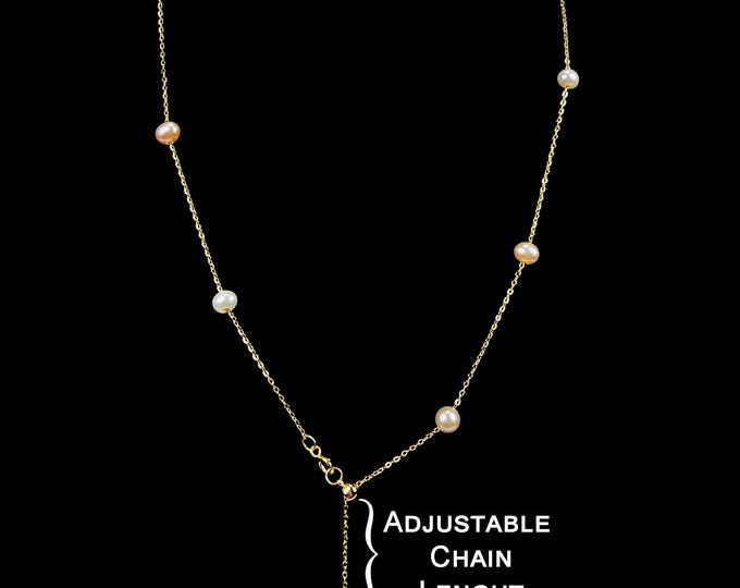 Adjustable Gold Plated Pearl Necklace – Dainty Freshwater Pearl Chain for Women – Minimalist Jewelry Gift by DUSKGRAND