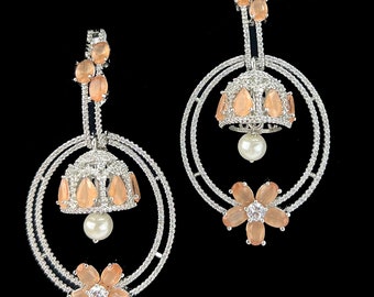 Orange CZ Chandelier Jhumka Earrings: Indian Pakistani Jewelry - DUSKGRAND