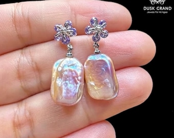 Natural Baroque Pearl Drop Earrings with Purple Crystal Flower Studs, Sterling Silver Irregular Keshi Pearl Dangles, Unique Bridal PearlGift