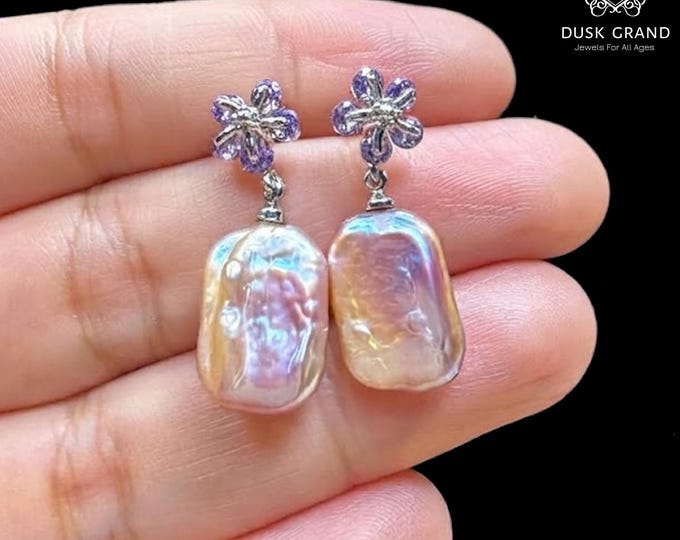 Natural Baroque Pearl Drop Earrings with Purple Crystal Flower Studs, Sterling Silver Irregular Keshi Pearl Dangles, Unique Bridal PearlGift