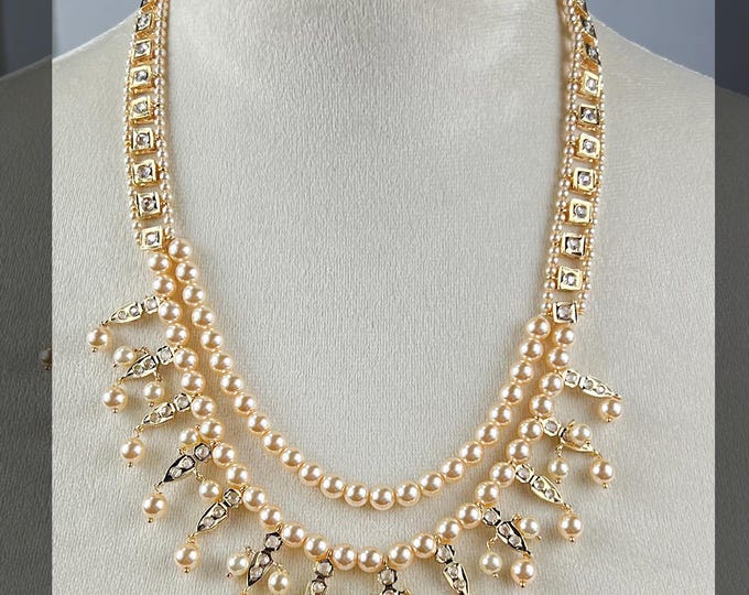 Swarovski Pearl Kundan Polki Necklace & Earrings: Nizami Bridal Jewelry - DUSKGRAND