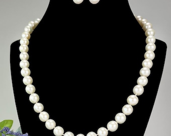 Soft White Genuine Freshwater Pearl 9.5-10mm Knotted Beaded Necklace 19 Inches Pearl Necklace +Earrings, wedding jewelry, bridesmaids gift